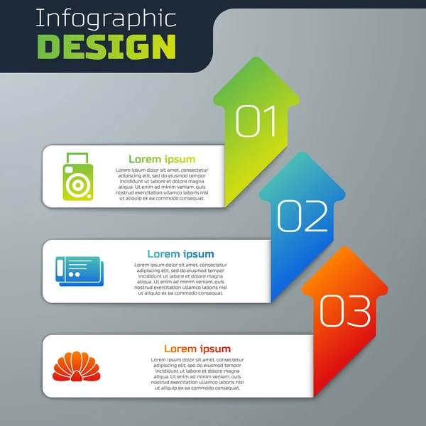 Set Appareil Photo Billet Voyage Coquille Pétoncle Modèle Infographie Entreprise — Image vectorielle