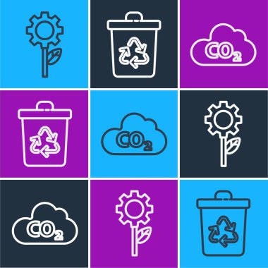 Çizgi yaprak fabrikasını vites makinesine, CO2 emisyonlarını buluta ve geri dönüşüm ikonuyla geri dönüşüm kutusuna ayarla. Vektör.