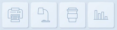 Çizgi yazıcı, paket kahve fincanı, masa lambası ve pasta grafiği bilgisi. Beyaz kare düğme. Vektör.