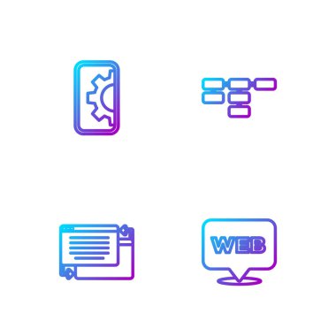 Çizgi Web ve grafik tasarımı, UI veya UX, geliştirme ve site haritasını ayarla. Renk simgeleri. Vektör.