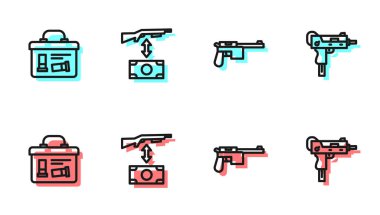 Mauser silahı, askeri mühimmat kutusu saldırı tüfeği ve UZI alt makine ikonu almak. Vektör.