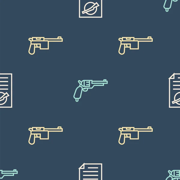 Set Line Firearms License Certificate Mauser Gun Revolver Seamless Pattern — Stock Vector