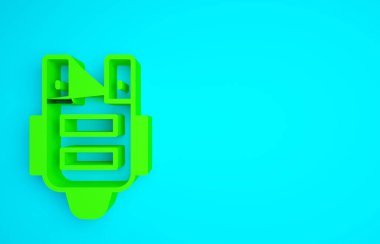 Mavi arka planda izole edilmiş kurşun ikonundan korunmak için yeşil kurşun geçirmez yelek. Vücut zırhı işareti. Askeri kıyafetler. Minimalizm kavramı. 3d illüstrasyon 3B canlandırma.