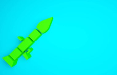 Füze ikonlu yeşil roket fırlatıcı mavi arka planda izole edildi. Minimalizm kavramı. 3d illüstrasyon 3B canlandırma.