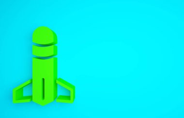 Yeşil Roket simgesi mavi arkaplanda izole edildi. Minimalizm kavramı. 3d illüstrasyon 3B canlandırma.