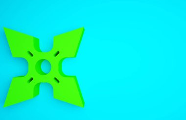 Yeşil Japon ninja shuriken simgesi mavi arkaplanda izole edildi. Minimalizm kavramı. 3d illüstrasyon 3B canlandırma.