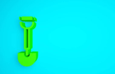 Mavi arka planda izole edilmiş asker ikonu için yeşil istihkamcı küreği. Minimalizm kavramı. 3d illüstrasyon 3B canlandırma.