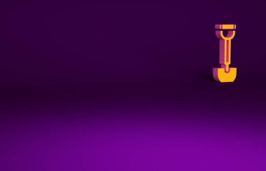 Mor arka planda izole edilmiş askerler için turuncu istihkamcı küreği. Minimalizm kavramı. 3d illüstrasyon 3B canlandırma.