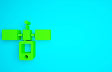 Mavi arkaplanda yeşil uydu simgesi izole edildi. Minimalizm kavramı. 3d illüstrasyon 3B canlandırma.