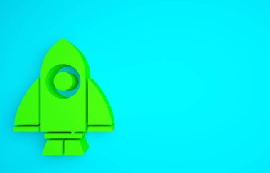 Yeşil Roket gemisi simgesi mavi arkaplanda izole edildi. Uzay yolculuğu. Minimalizm kavramı. 3d illüstrasyon 3B canlandırma.