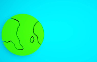 Yeşil Dünya ikonu mavi arkaplanda izole edildi. Dünya ya da Dünya işareti. Küresel internet sembolü. Geometrik şekiller. Minimalizm kavramı. 3d illüstrasyon 3B canlandırma.