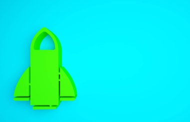 Yeşil Roket gemisi simgesi mavi arkaplanda izole edildi. Uzay yolculuğu. Minimalizm kavramı. 3d illüstrasyon 3B canlandırma.