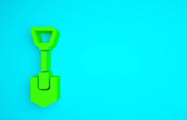 Mavi arkaplanda yeşil kürek simgesi izole edildi. Bahçe aletleri. Bahçecilik, tarım, çiftçilik aleti. Minimalizm kavramı. 3d illüstrasyon 3B canlandırma.