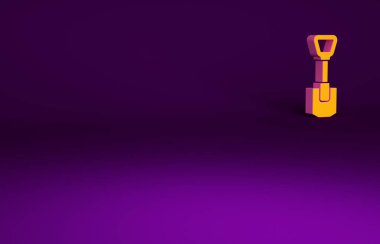 Mor arkaplanda izole edilmiş turuncu kürek ikonu. Bahçe aletleri. Bahçecilik, tarım, çiftçilik aleti. Minimalizm kavramı. 3d illüstrasyon 3B canlandırma.