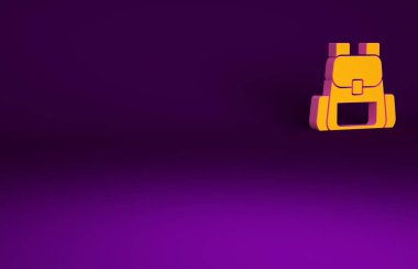 Mor arkaplanda turuncu yürüyüş sırt çantası simgesi izole edildi. Kamp ve dağ gezisi sırt çantası. Minimalizm kavramı. 3d illüstrasyon 3B canlandırma.