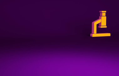 Mor arkaplanda izole edilmiş turuncu mikroskop simgesi. Kimya, ilaç aleti, mikrobiyoloji büyütme aracı. Minimalizm kavramı. 3d illüstrasyon 3B canlandırma.