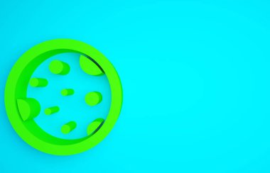 Mavi zemin üzerinde bakteri simgesi olan yeşil Petri kabı. Minimalizm kavramı. 3d illüstrasyon 3B canlandırma.