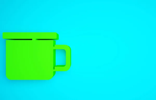 Green Camping metal mug icon isolated on blue background. Minimalism concept. 3d illustration 3D render.