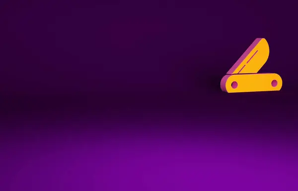 オレンジスイス軍のナイフのアイコンは 紫色の背景に隔離された マルチツール 多目的ペンナイフ 多機能ツール 最小限の概念 3Dイラスト3Dレンダリング — ストック写真