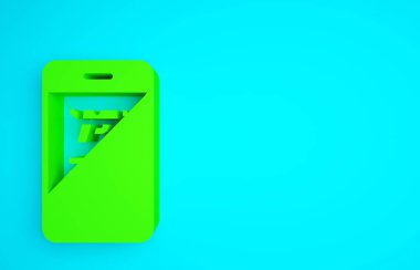 Mobil uygulama ikonunda tüfek ve silah bulunan Yeşil Av Dükkanı mavi arka planda izole edildi. Silah teçhizatlı süpermarket ya da mağaza. Minimalizm kavramı. 3d illüstrasyon 3B canlandırma.