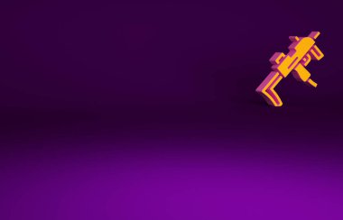 Mor arkaplanda izole edilmiş turuncu MP9 hafif makineli tüfek simgesi. Otomatik silah. Minimalizm kavramı. 3d illüstrasyon 3B canlandırma.