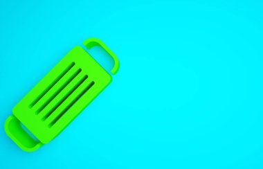 Mavi arka planda yeşil tıbbi maske simgesi izole edildi. Minimalizm kavramı. 3d illüstrasyon 3B canlandırma.