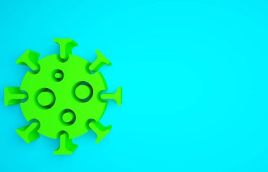 Mavi arkaplanda yeşil virüs simgesi izole edildi. Corona virüsü 2019-nCoV. Bakteri ve mikroplar, hücre kanseri, mikrop, mantar. Minimalizm kavramı. 3d illüstrasyon 3B canlandırma.