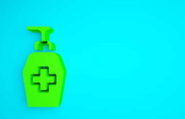 Mavi arka planda izole edilmiş şeker ikonu olan yeşil bir şişe antibakteriyel sabun. Antiseptik. Dezenfeksiyon, hijyen, cilt bakımı. Minimalizm kavramı. 3d illüstrasyon 3B canlandırma.