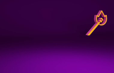 Mor arkaplanda izole edilmiş ateş ikonu ile turuncu yakma kibriti. Ateşle maç. Kibrit işareti. Minimalizm kavramı. 3d illüstrasyon 3B canlandırma.