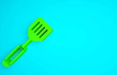 Mavi arkaplanda yeşil Spatula simgesi izole edildi. Mutfak spatula ikonu. Barbekü spatula işareti. Barbekü ve ızgara aleti. Minimalizm kavramı. 3d illüstrasyon 3B canlandırma.