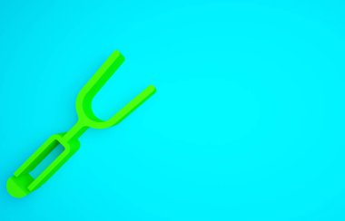 Mavi arkaplanda yeşil barbekü çatalı simgesi izole edildi. Mangal çatalı tabelası. Barbekü ve ızgara aleti. Minimalizm kavramı. 3d illüstrasyon 3B canlandırma.