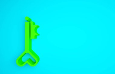 Mavi arkaplanda izole edilmiş kalp şeklindeki Yeşil Anahtar simgesi. 8 Mart. Uluslararası Mutlu Kadınlar Günü. Minimalizm kavramı. 3d illüstrasyon 3B canlandırma.