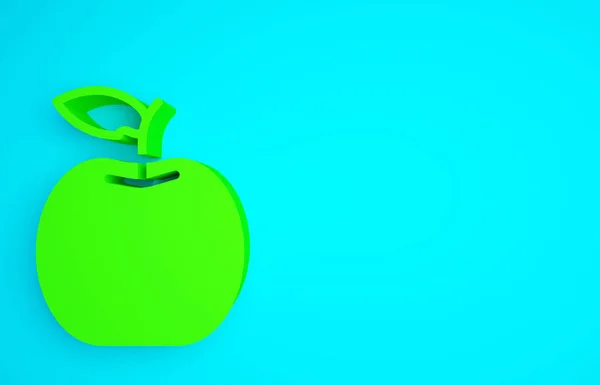 Green Apple icon isolated on blue background. Fruit with leaf symbol. Minimalism concept. 3d illustration 3D render.