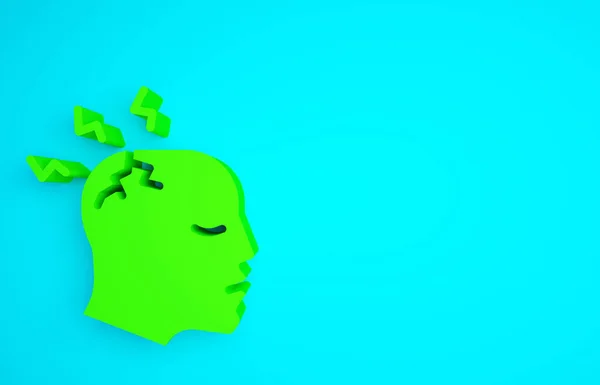 Green Man having headache, migraine icon isolated on blue background. Minimalism concept. 3d illustration 3D render.