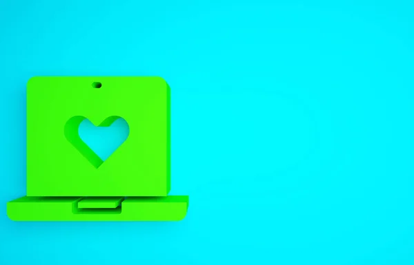 Green Dating app online laptop concept icon isolated on blue background. Female male profile flat design. Couple match for relationship. Minimalism concept. 3d illustration 3D render.