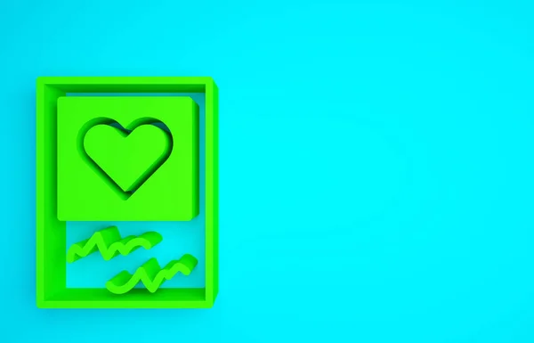 Green Blanks photo frames and hearts icon isolated on blue background. Valentines Day symbol. Minimalism concept. 3d illustration 3D render.