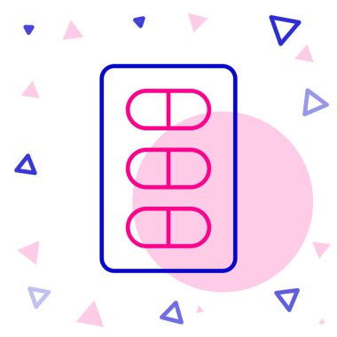 Kabarcık torbası ikonundaki çizgi hapları beyaz arka planda izole edilmiş. İlaç paketi. Tablet, vitamin, antibiyotik, aspirin. Renkli taslak konsepti. Vektör İllüstrasyonu.