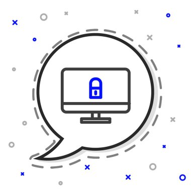 Bilgisayar monitörü simgesindeki satır kilidi beyaz arkaplanda izole edildi. Güvenlik, güvenlik, koruma kavramı. Güvenli bir ağ. Renkli taslak konsepti. Vektör İllüstrasyonu.