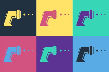 Pop Art Dijital temassız termometre. Renkli arka planda kızılötesi ışık ikonu var. Vektör.