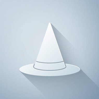 Kağıt kesiği cadı şapkası simgesi gri arkaplanda izole edilmiş. Mutlu Cadılar Bayramı Partisi. Kağıt sanatı tarzı. Vektör.