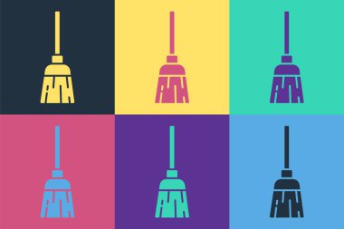 Pop Art Witches süpürge ikonu renk arkaplanında izole edildi. Mutlu Cadılar Bayramı Partisi. Vektör.