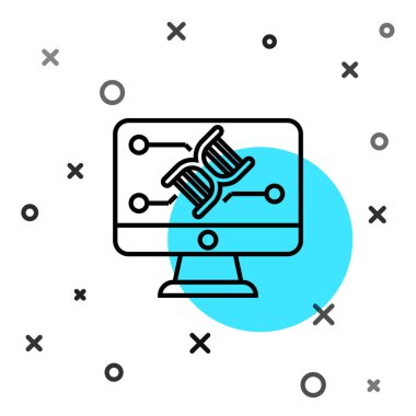 Siyah çizgi genetik mühendisliği modifikasyonu beyaz arka planda izole edilmiş monitör ikonunda. DNA analizi, genetik testler, klonlama. Rastgele dinamik şekiller. Vektör.