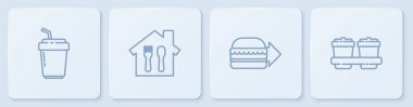 Online kahve fincanını hazır et, online hamburger siparişi ver, ve. Beyaz kare düğme. Vektör.