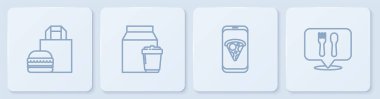 Set hattı online olarak hamburger siparişi veriyor, Pizza siparişi veriyor ve Cafe restoranının yerini bildiriyor. Beyaz kare düğme. Vektör.