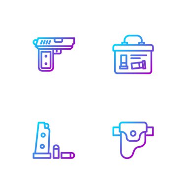 Silah kılıfına, şarjöre ve mermilere, silaha ya da silaha ve askeri mühimmat kutusuna silah koyun. Renk simgeleri. Vektör.