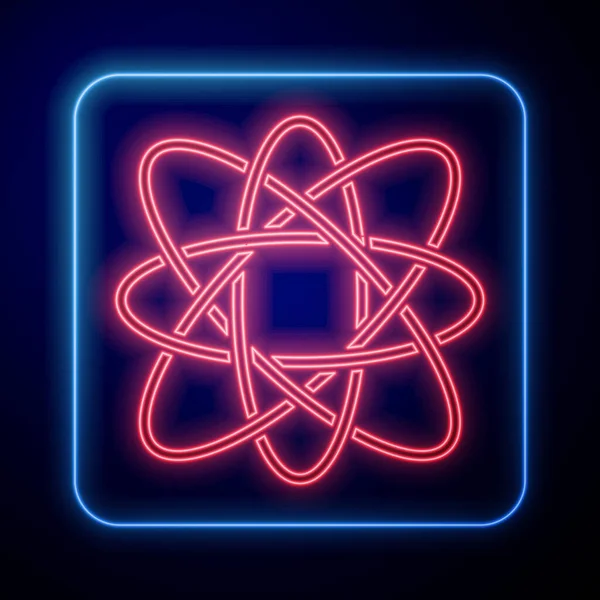 青の背景に孤立したネオンアトムのアイコンを光る 核物理学 科学研究の象徴 ベクトル — ストックベクタ