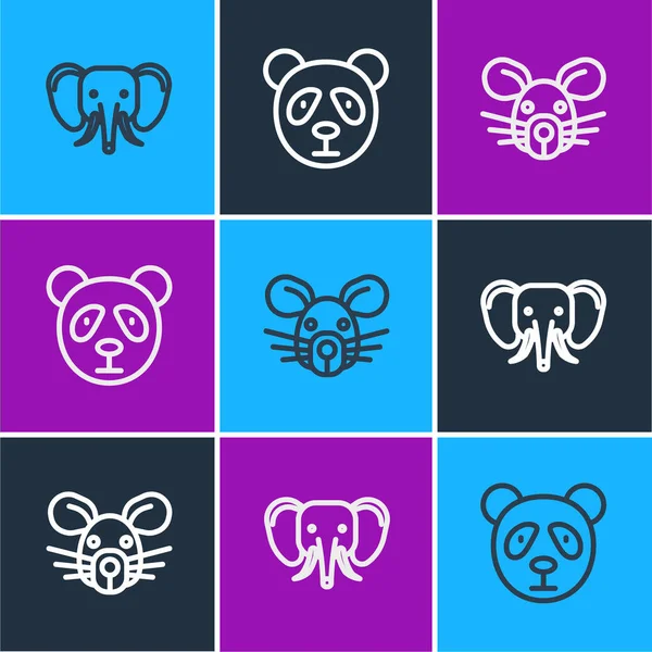 Set Linie Elefant Rattenkopf Und Cute Panda Gesicht Symbol Vektor — Stockvektor