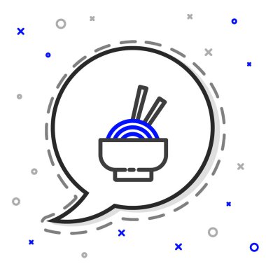 Tabaktaki Asya erişteleri ve beyaz arka planda izole edilmiş yemek çubukları. Sokak yemeği. Kore, Japon, Çin yemekleri. Renkli taslak konsepti. Vektör İllüstrasyonu.