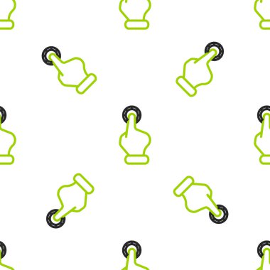 Çizgili El kumarhane fişleri ikonunu beyaz arka planda izole edilmiş kusursuz desen olarak tutuyor. Kumarhane kumarı. Vektör İllüstrasyonu.