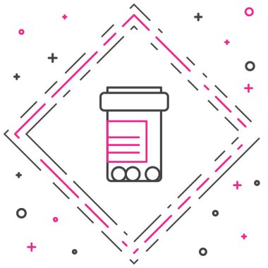 Hat ilacı şişesi ve beyaz arka planda izole edilmiş hap ikonu. Şişe hapı işareti. Eczane tasarımı. Renkli taslak konsepti. Vektör İllüstrasyonu.